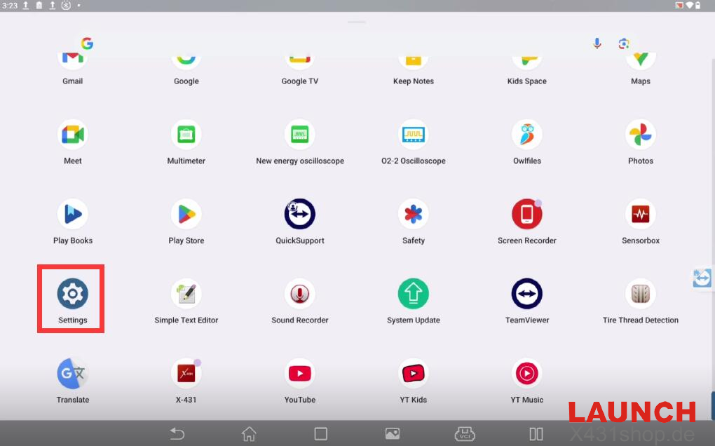Launch x431 pad9 | Open Settings on your tablet
