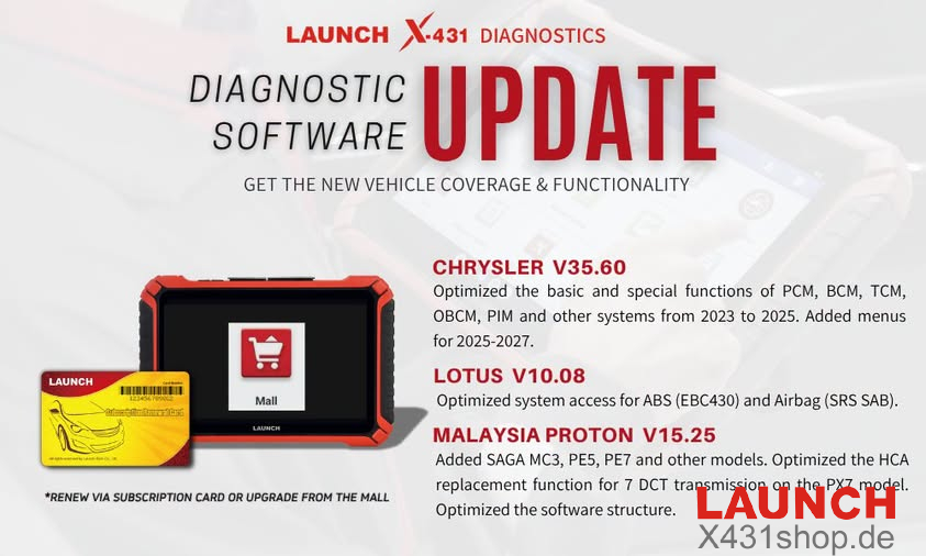 LAUNCH X431 Update Software for CHRYSLER, LOTUS and PROTON (Aug 2026)